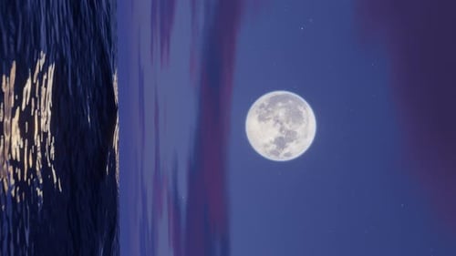 Vertical Video of Flying Over the Ocean at Moon Night