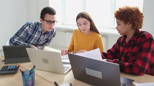 Colleagues Discussing Data and Documents in Bright Office