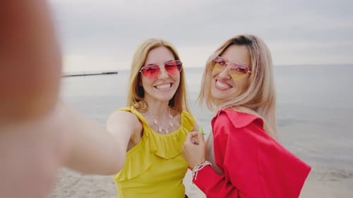 Two Beautiful Young Women Take a Selfie on a Tropical Beach The Girls are in a Good Mood Taking