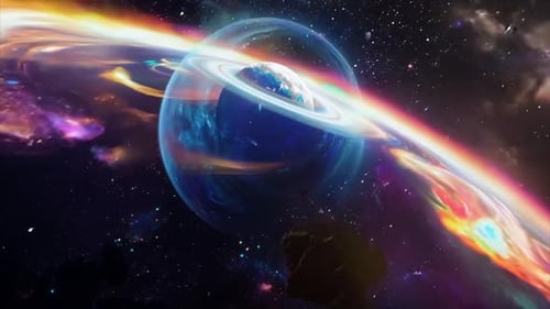 Futuristic Planet Earth with Glowing Rings and Cosmic Nebula