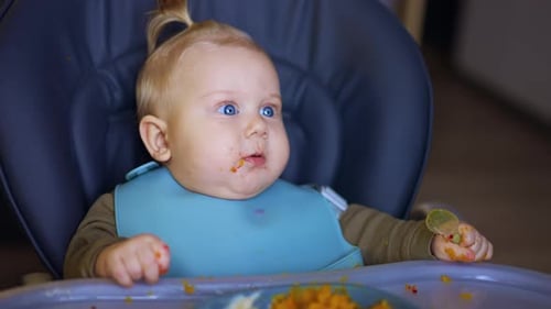 Cute blond baby with a bib sits in high chair. Adorable infant holds a spoon in his hand. Close up.
