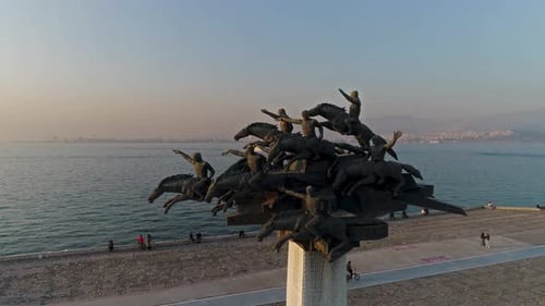 Detail and bird's eye view of izmir alsancak gundogdu square statue