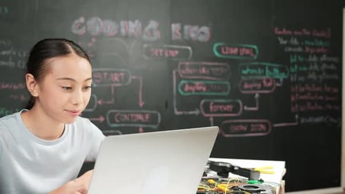 Süßes asiatisches Mädchen-Programmiersystem mit Laptop an der Tafel. Erbauung
