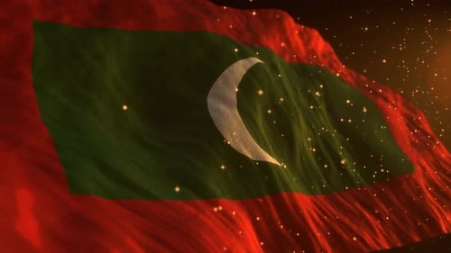 Waving Maldives National Flag with Golden Particle Overlay
