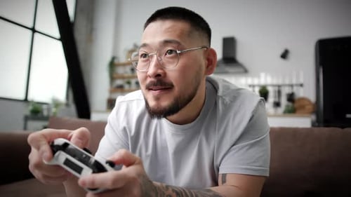 Man Wins Video Game Close Up