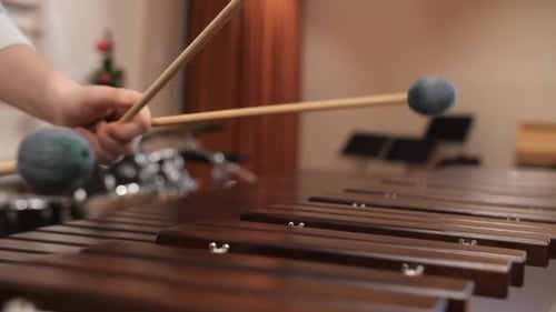 female playing marimba with mallets, ryhthmically hitting bars, closeup side view