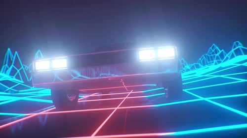 Retro Futuristic Car Driving on Neon Grid Road