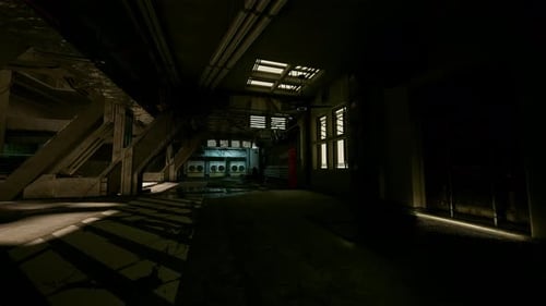 Desolate Warehouse Passage Illuminated By Unstable Lighting and Reflections