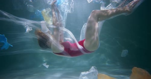 Tolle Filmmusik Unterwasseraufnahme einer jungen Frau sinkt langsam, umgeben von Einweg-Plastikmüll