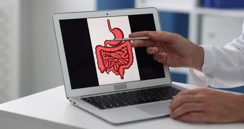Man in Lab Coat Explaining Human Digestion System