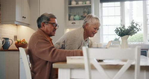 Home, laptop and senior couple with documents, planning and real estate with investment