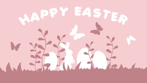 Animated Flat Design Happy Easter Greeting With Rabbit And Eggs