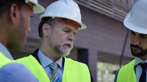 Real Estate Developers or Technicians Engineers Looking Upward in Exterior Meeting Architects