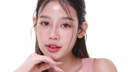 Close up portrait beautiful young Asian woman with healthy facial skin over white background.