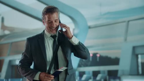 A businessman in a suit talks on his phone while waiting for his flight at the airport.