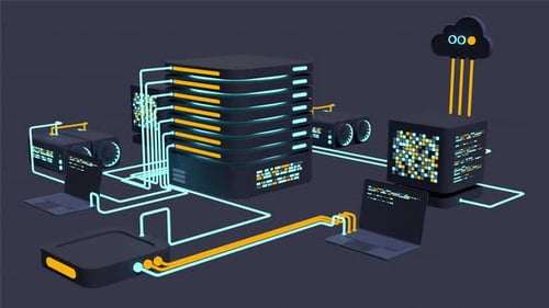 Computer technology 3D animation. Computation of big data center. Cloud computing. Online devices