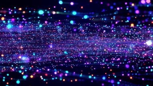 Des particules incandescentes circulent dans un flux numérique avec des lumières bokeh