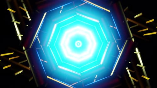 Hexagonal Neon Tunnel VJ Loop with Rotating Metallic Tubes and Glowing Core