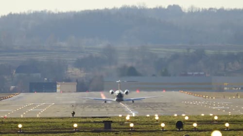 Passenger plane departs runway at scenic airport for exciting journey ahead