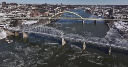 Aerial view of bridges over the river, United States.