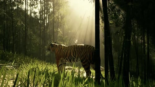 Realistic Tiger Standing in Sunlit Bamboo Forest Animation