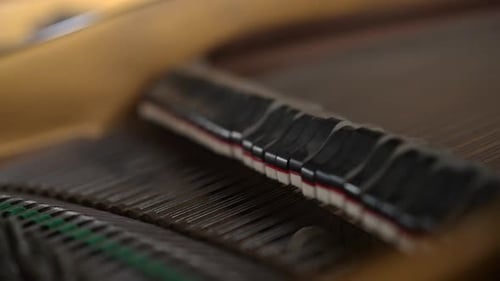 View inside a beautiful brown Grand Piano, hammers and strings moving fast as pianist plays classica
