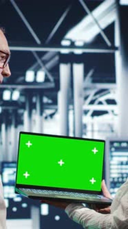 Adults Look at Green Screen Laptop in Server Room