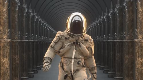 Futuristic Astronaut Walking in Sci-Fi Tunnel Loop