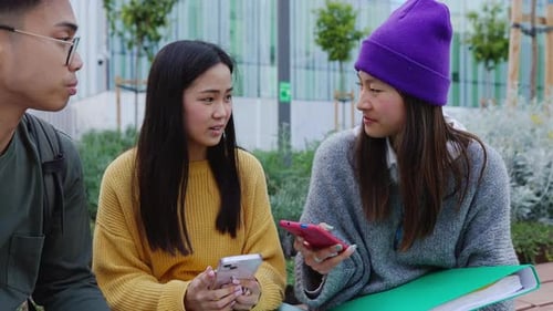 Three Friends Chatting on College Campus