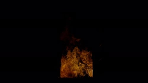 Burn Sammlung: Eine 4k-Aufnahme riesiger Feuerwellen, die hoch vor einer Tür auf schwarzem Hintergrund springen