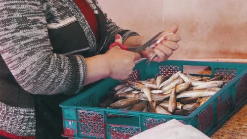 Woman Cleans and Cuts Fresh Fish in Fish Market