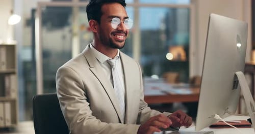 Office computer, night and happy man typing email, communication and networking with business