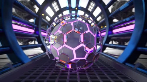 Iridescent Hexagonal Sphere in a Blue Scifi Tunnel