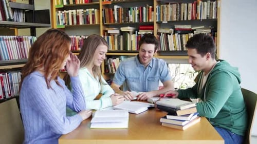 People, Knowledge, Education and School Concept - Group of Happy Students Reading