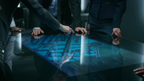 Diverse Team of Government Intelligence Agents Standing Around Digital Touch Screen Table and Track