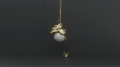 Golden Liquid Pouring on a White Sphere Fluid Simulation