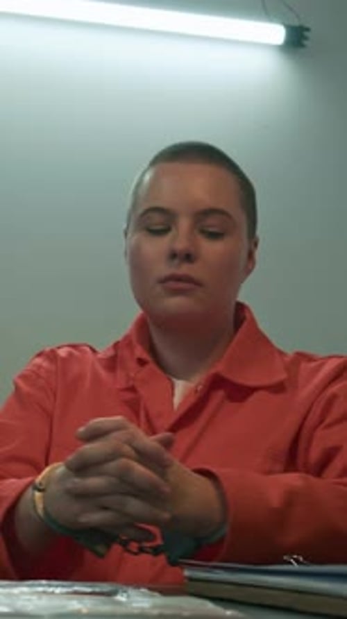 Individual in Orange Jumpsuit Sitting at Table