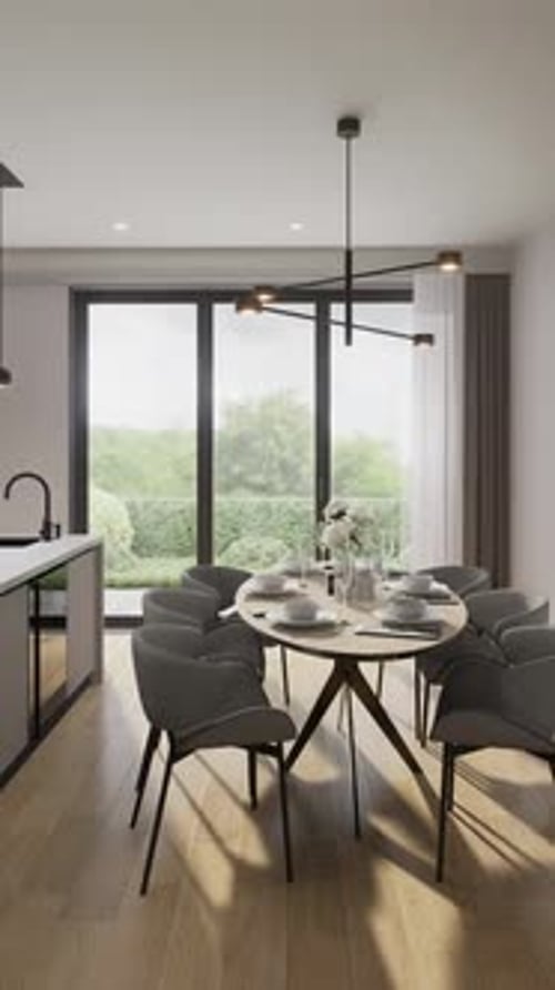 Kitchen-dining room, room in a modern minimalist style. Open space. 3D rendering. Vertical format