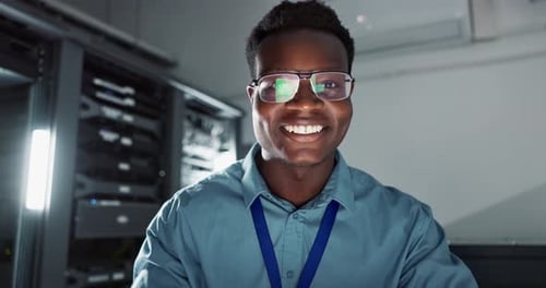 Man, computer and email on technology in server room, reflection and connection in data center
