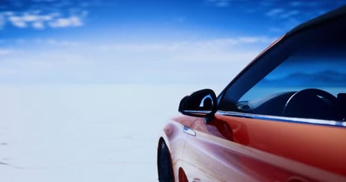 3D Rendered Orange Sports Car Driving on Flat Landscape