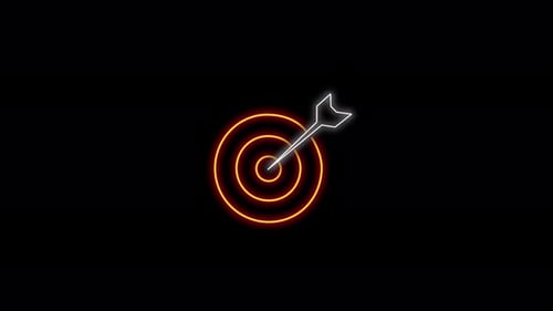 Alvo de néon com seta atingindo alvo em fundo preto Conceito de sucesso animado