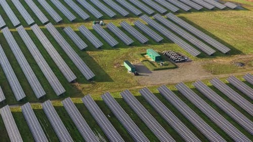 Aerial view of solar panel farm, United Kingdom.