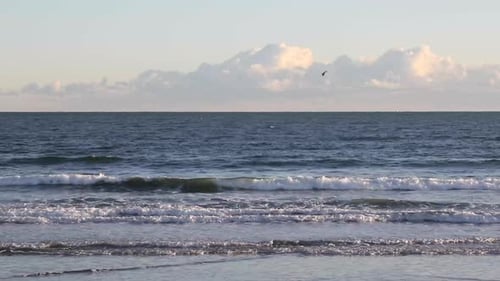 Die Wellen des Atlantiks stürzen auf einen Sandstrand, während Vögel sanft fliegen und Wolken am Horizont ruhen.
