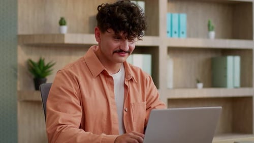 Caucasian Business Man Work Laptop in Office Businessman Male Guy Working Typing Computer Smiling