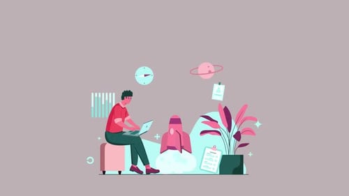 Flat Design Animation of a Person Working with Rocket Launch