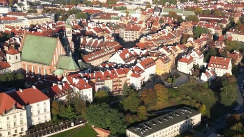 Aerial view of modern European capital city, Warsaw, Poland, Old Town with Skyline in the distance