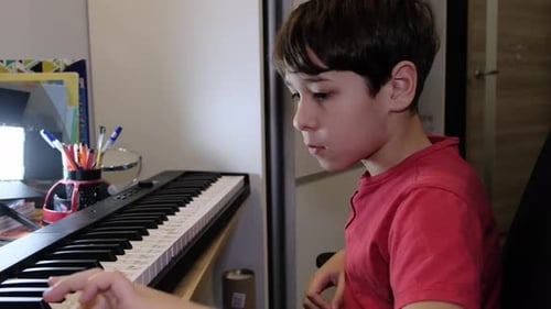 A Child Practices on a Keyboard Piano at Home Making Animated Gestures with His Hands This Frame