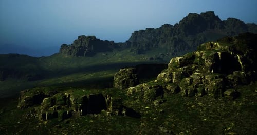Rocky Terrain Under Twilight Sky with Vivid Greenery in the Background