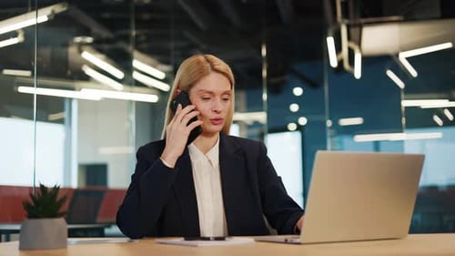 Busy Woman Office Worker Female Manager Consulting Client By Telephone