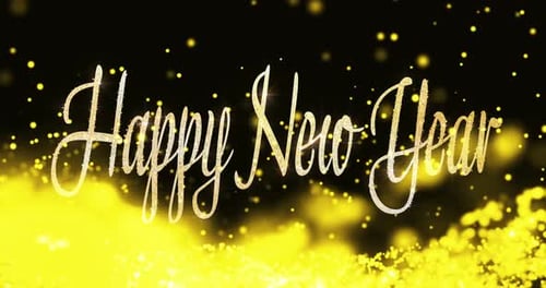 Decor, celebration and happy new year text for party, carnival or event on dark background